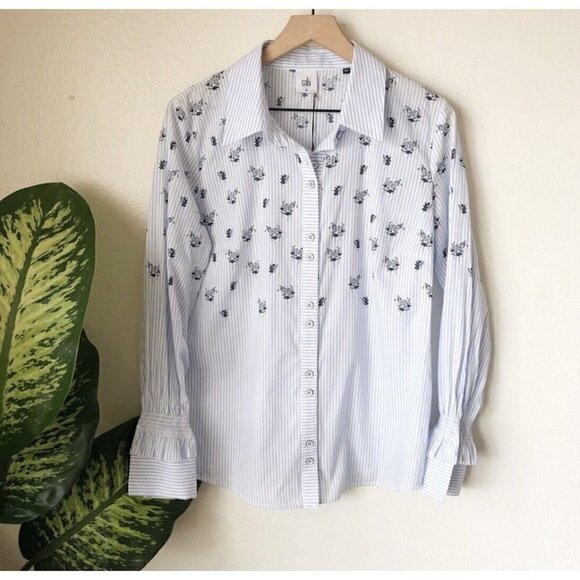 Cabi Blue Floral Pinstripe Button Up Shirt Smocked Ruffled Sleeve Women Sz M - Picture 4 of 12
